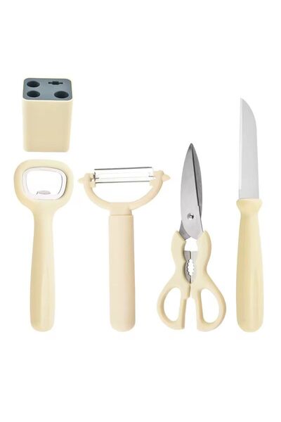 OEM Set ustensile bucatarie 5 piese cu suport–cutit, foarfeca, decojitor, des...