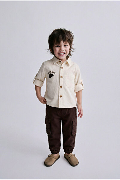 Magu Boy's Cotton Beige Shirt and Brown Trousers Set