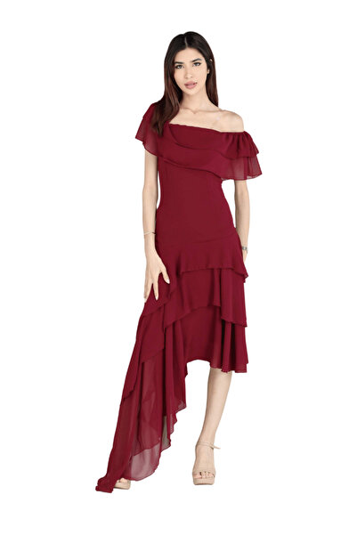 Nice Model Burgundy Off-Shoulder Chiffon Midi Dress Tiered Ruffle Evening Gow...