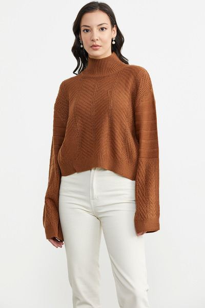 Sementa Stand Collar Short Knitwear Sweater - Tan