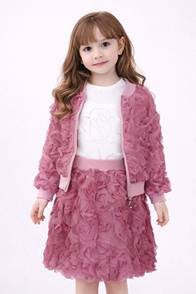 İrem Çocuk Giyim طقم ثلاثي من البلوزة والسترة والتنورة بتفاصيل زهور للفتيات ب...