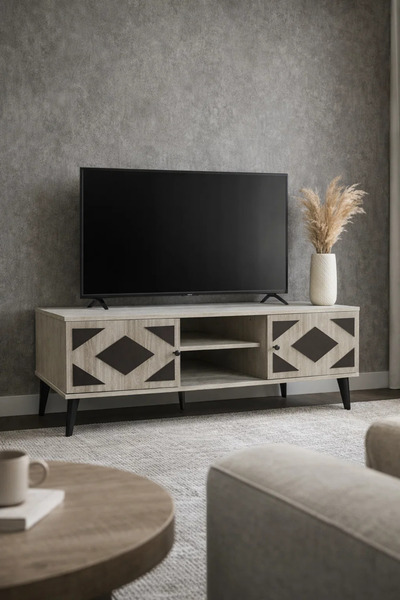 MARIA HOMES Stylish Beige Media Console 160cm TV Stand with Storage Geometric...