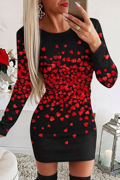 KirLiNova Heart Patterned Long Sleeve Women's Dress Black