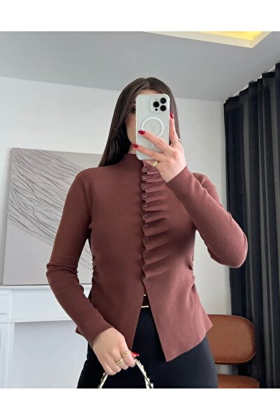 CADDELAMODA Mock Neck Draped Knitwear Cardigan