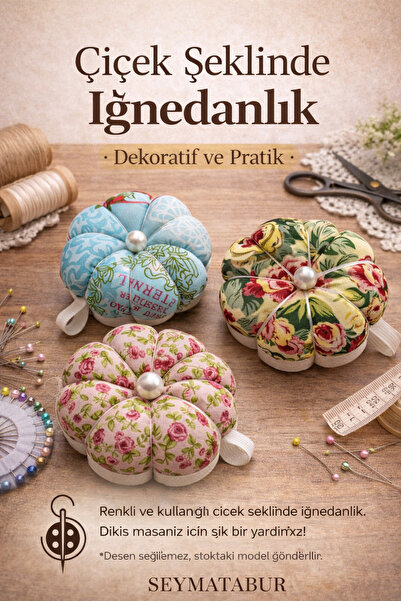 seymatabur Dekoratif İğnedanlık Seti – Yuvarlak ve Çiçek Şeklinde Dikiş İğneliği