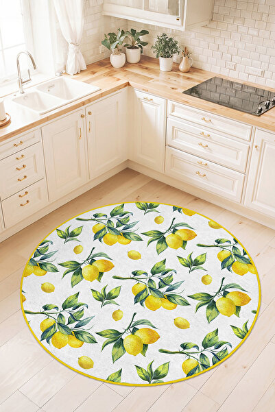 Home Canlı Sarı Limon Desenli Yuvarlak Mutfak Halısı