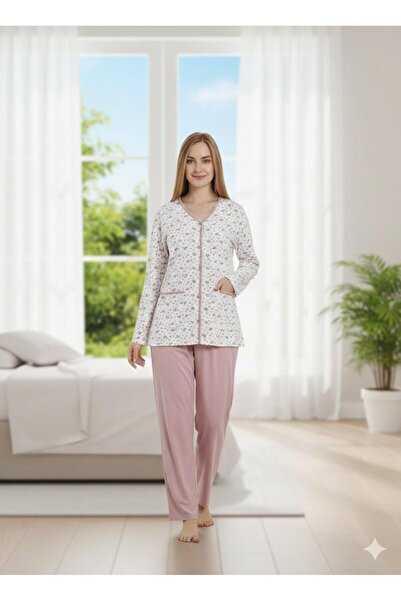 İpek Women's Long Sleeve Front Buttoned Plus Size 100% Cotton Floral Pajama Set