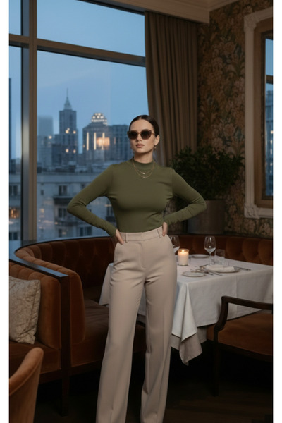 evona butik Kadın Yüksek Yakalı Uzun Kollu Parmak Detaylı Bluz