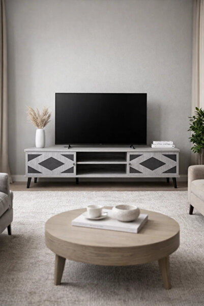 MARIA HOMES Stylish 180cm TV Table Media Stand with Geometric Pattern Doors a...