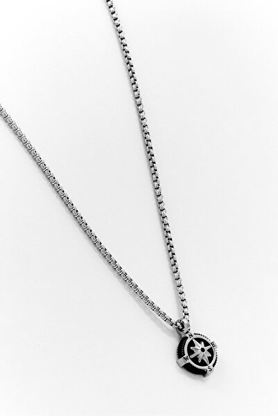 Steeltime Men Stainless Steel Compass Pendant Necklace, Silver