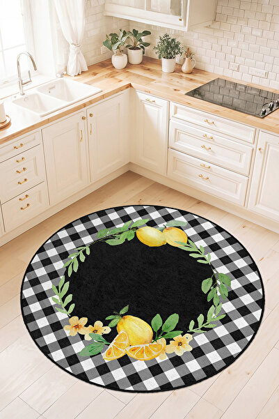 Home Siyah Beyaz Pötikare Desenli Limon ve Çiçek Motifli Kaymaz Taban Mutfak ...