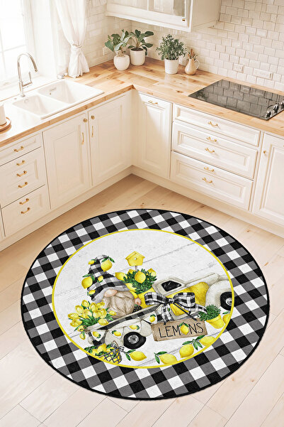 Home Siyah Beyaz Pötikare Desenli Limon Motifli Yuvarlak Yıkanabilir Mutfak H...