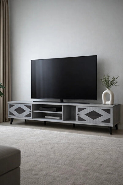 MARIA HOMES Modern Grey TV Stand 200cm Media Console Table with Storage Geome...