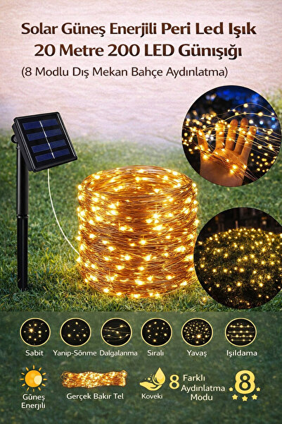 Hane Dostu Solar Güneş Enerjili Peri Led Işık 20 Metre 200 LED Günışığı 8 Mod...