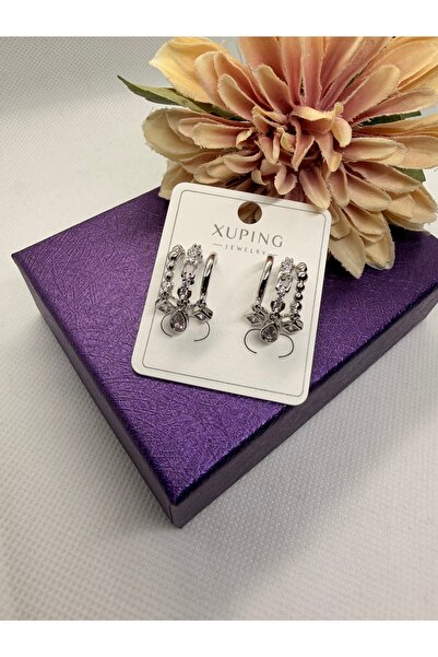 XUPING JEWELRY Zircon Stone and Hematite Model 3-Striped Steel Earrings