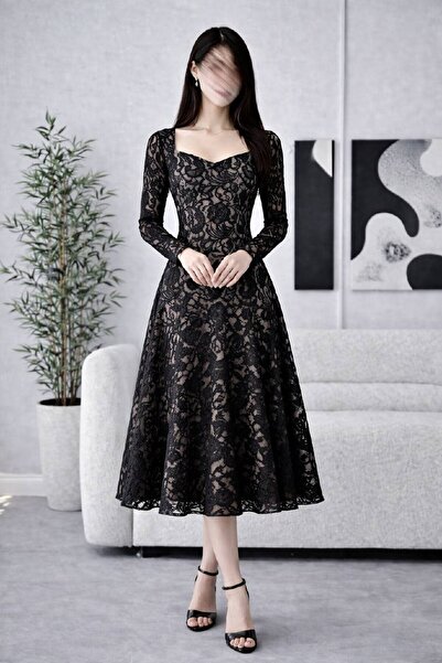 Calissa Store Elegant black lace midi dress