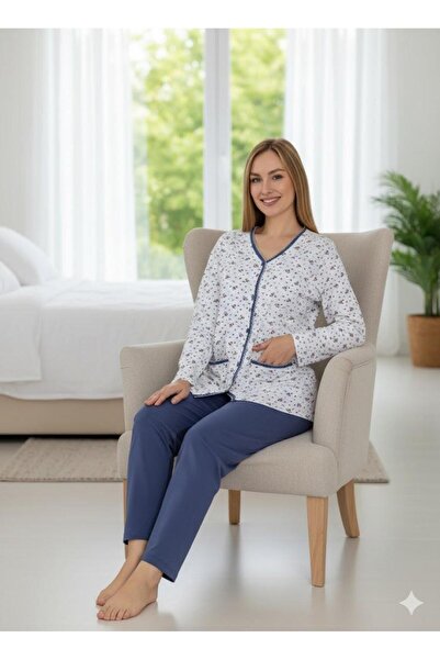 İpek Women's Long Sleeve Front Buttoned Plus Size 100% Cotton Floral Pajama Set