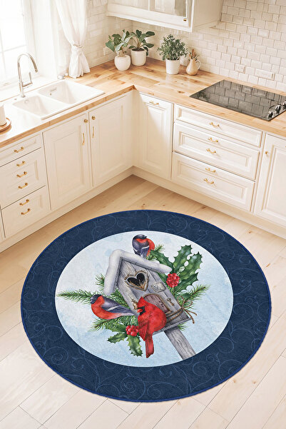 Home Kırmızı Kuş ve Ahşap Mama Evi Desenli Şık Mutfak Halısı