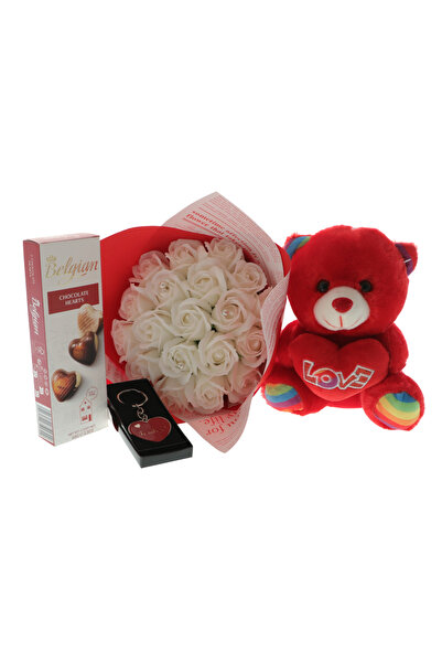 GiftExpress I Love You Gift Set with Teddy Bear, Bouquet of Roses, Heart Keyc...