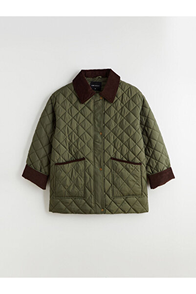 LC Waikiki Haki Kadife Gömlek Yaka Oversize Kadın Şişme Mont