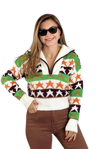 Tam12den Home Women's Zippered High Collar Star Patterned Sweater