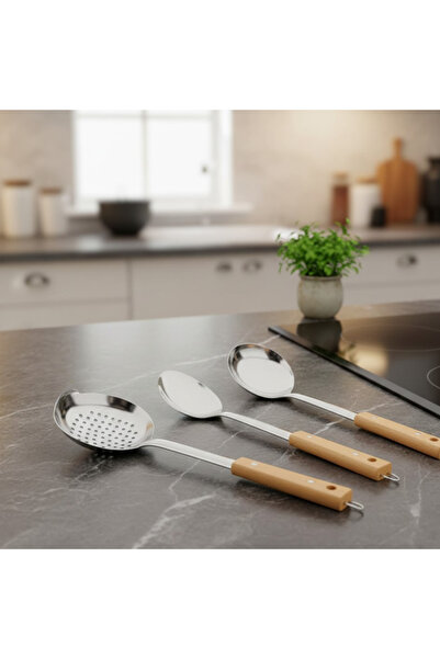 Generic Modern and elegant steel cooking spoon set with wooden handles