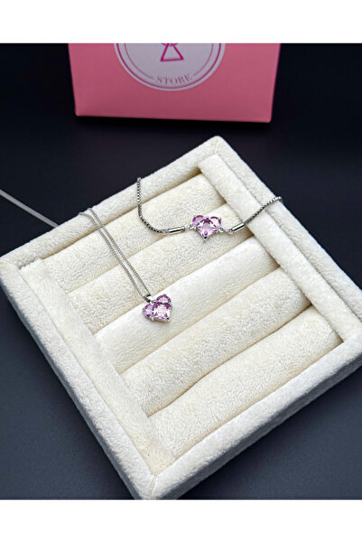 Alsem 925 Ayar Gümüş Kaplama Kalp Kesim Zirkon Taşlı Kolye ve Bileklik Seti ,...