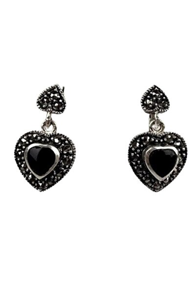 Crocodileskids 925 Silver Heart Earrings with Marcasite and Black Stone