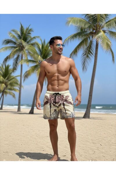 İLBESSPORT Erkek Sarı Palmiye Desenli Deniz Şortu
