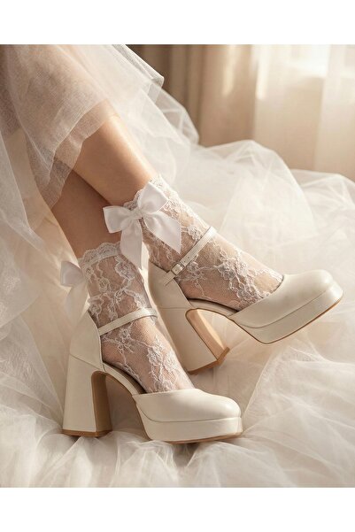 La Madame Kırık Beyaz Suni Deri Platform Kalın Topuklu Kapalı Burun Gelin Aya...
