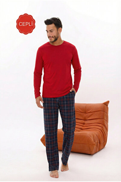 Pijamasoft Men's Red-Navy Blue Plaid Printed Cotton Knitted Long Sleeve Pajam...