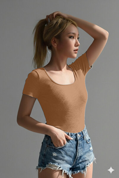 RİEMA Women's Basic Short Sleeve Lycra Ribbed Premium U, Square Neck Slim Fit...