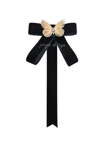 pegu baby collection KELEBEKLİ SİYAH KADİFE BROŞ SET KRİSTAL TAŞ,Papyon Krava...
