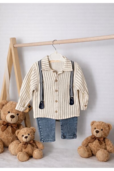 ASİLA Çizgili Gömlek Askılı Kot Pantolon Erkek Bebek Takım