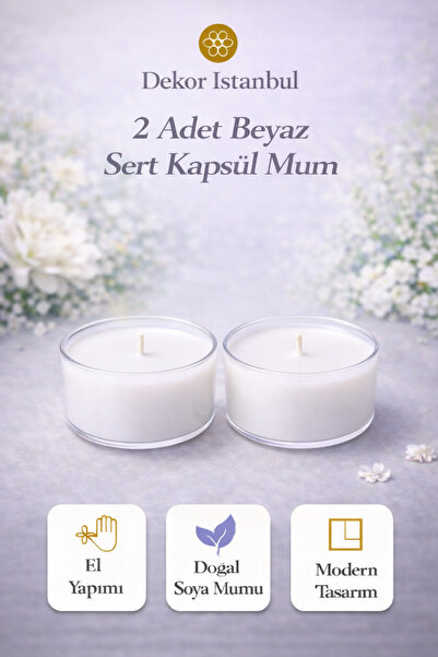 Dekor İstanbul 2 Adet Beyaz Sert Kapsül Mum | El Yapımı Doğal Soya Mumu Moder...