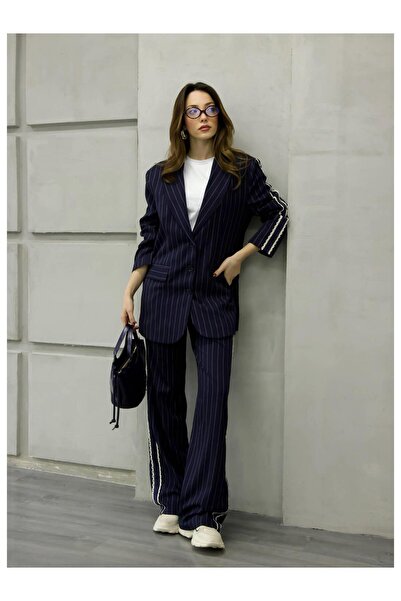 Coral Lace Striped Trousers Pnt01691 Navy Blue