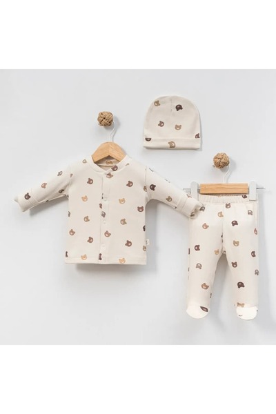 Butik 3'lü Erkek Bebek Ayıcık Desenli Krem Hastane Çıkışı