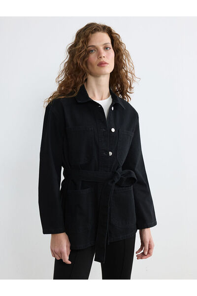 LC Waikiki Μαύρο γυναικείο τζιν μπουφάν με λεπτομέρεια Γιακάς πουκαμίσου Kuşak