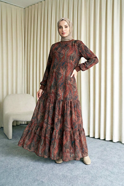 MODAQU Authentic Pattern Lined Chiffon Dress - Brown