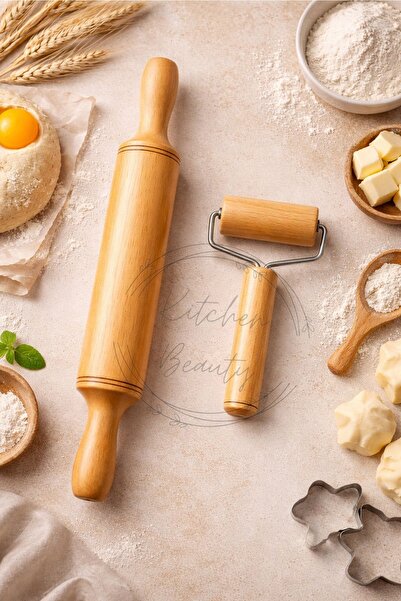 Kitchen Beauty Ahşap Saplı Rulo Hamur Açıcı Ve Merdane Pürüzsüz Oklava Pizza ...
