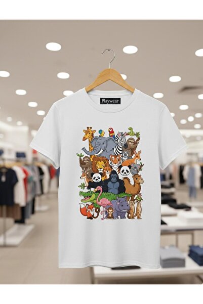 playwear PLAY WEAR Unisex Χαριτωμένο Μπλουζάκι με Στάμπα Ζώων και Στρογγυλή Λ...