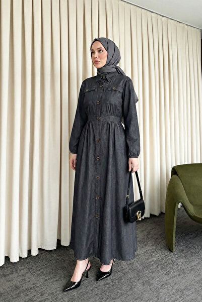 MODAQU Long Buttoned Denim Dress with Elasticated Sleeves - Anthracite