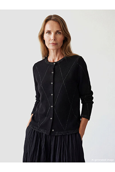 LC Waikiki كارديجان نسائي أسود بياقة دائرية ونقشة البقلاوة