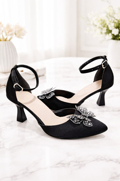 Famels Butterfly Bow and Stone Decorated High Heeled Shoes, Black Satin Eveni...