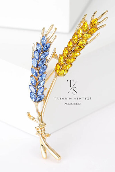 Tasarım Sentezi Broş Metal Rozet Başak Buğday Mavi Sarı Taşlı Kıyafet Şapka T...