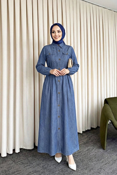 MODAQU Long Buttoned Denim Dress with Elasticated Sleeves - Blue