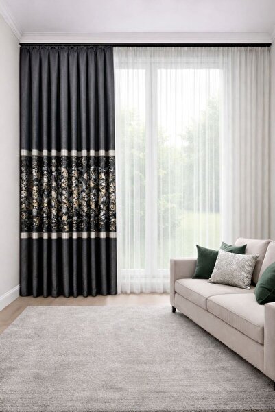 PERDE MERKEZİ Bulut Antrasit Gold pano Fon Perde Salon Ve Misafir Odalarına U...