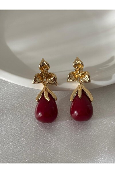 BIJUTERI Burgundy Stone Detailed Flower Model Earrings