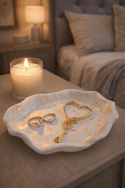 MANİFEST CANDLE Gold Detaylı Dekoratif Takı & Anahtar Sunum Tabağı – Şık Orga...