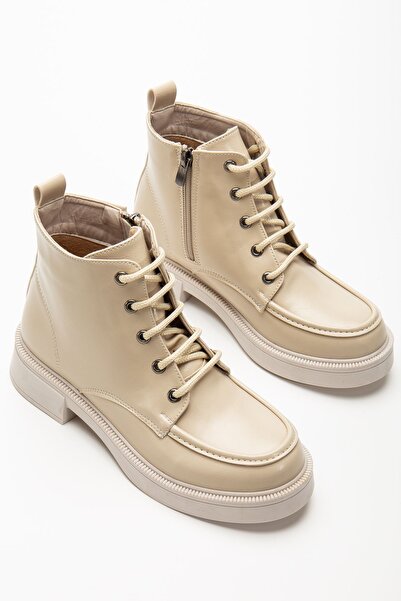 Zerenyus Exi̇n-02-2001 Premium Beige Wrinkled Patent Leather Lace-Up Zippered...
